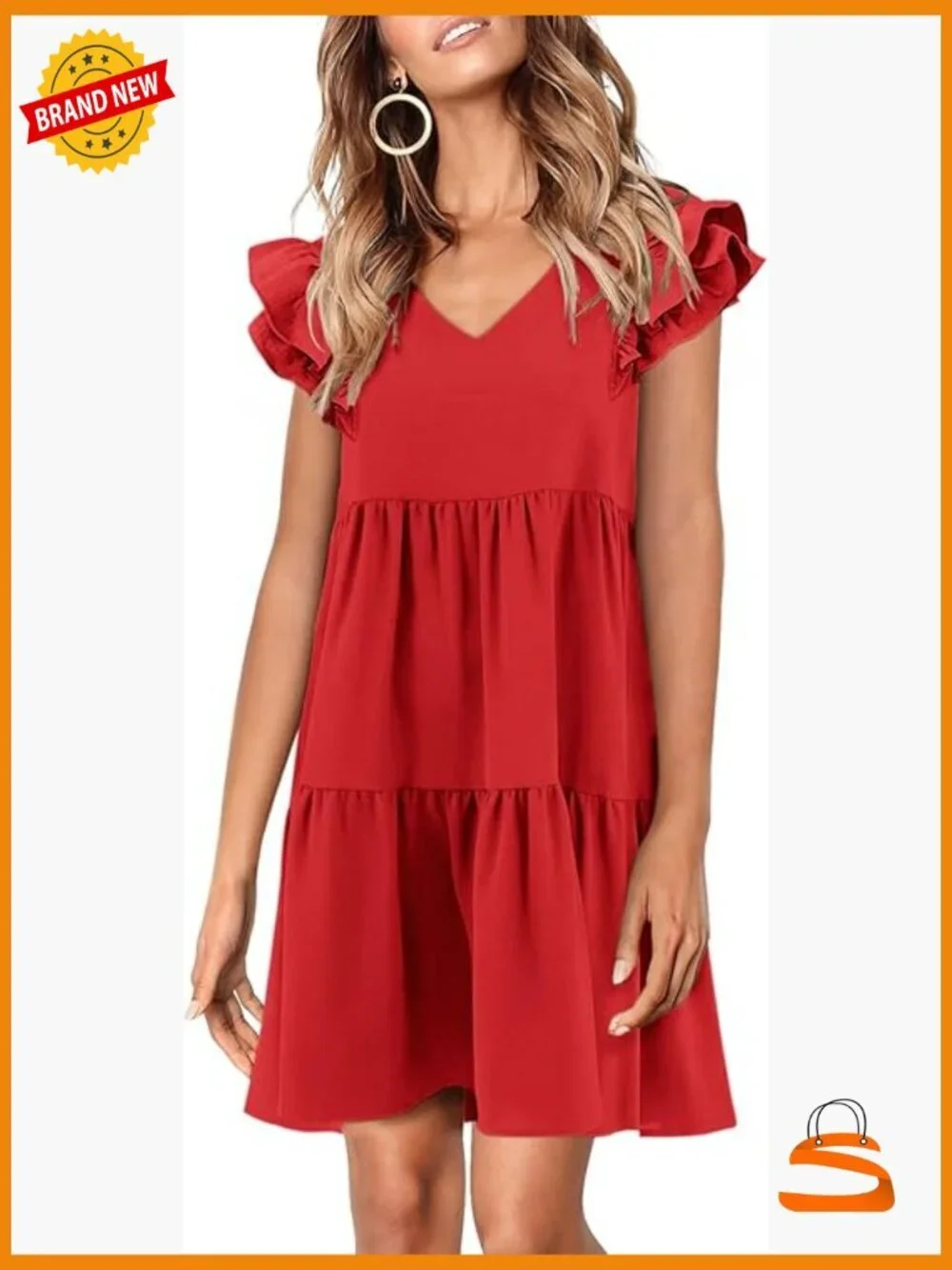 Women's Babydoll Dress Ruffle Cap Sleeve V-Neck Flowy Swing Mini Sundress